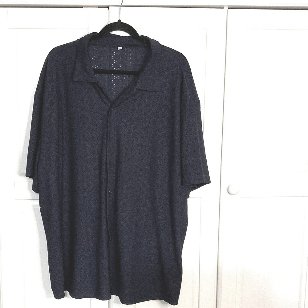 POLK Mens Navy Blue XXXL Short Sleeve Button Down Shirt Mesh Pattern